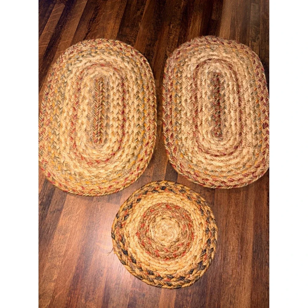 3pc Braided Jute Placemat Trivet Set Farmhouse Multi Color Oval Round Rustic